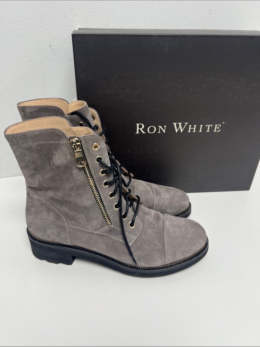 Ron White Gray Suede Lace-Up Ankle Boots with Side Zip
